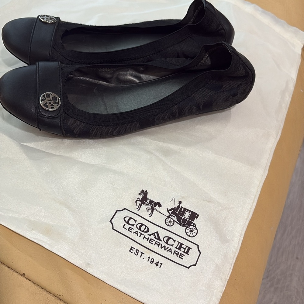 Coach Flats Leather Black SILVER Logo Ballet